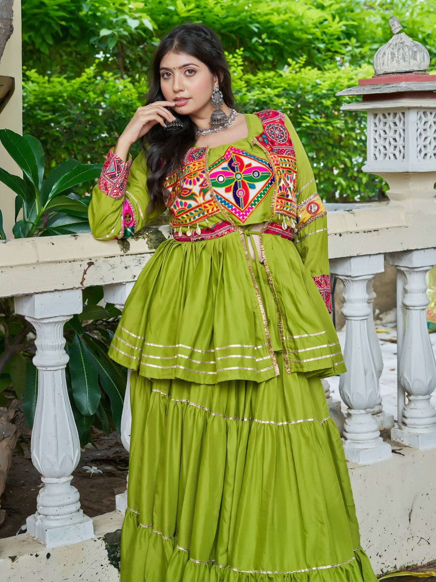 Awesome Green Cotton Festive Lehenga Choli With Jacket