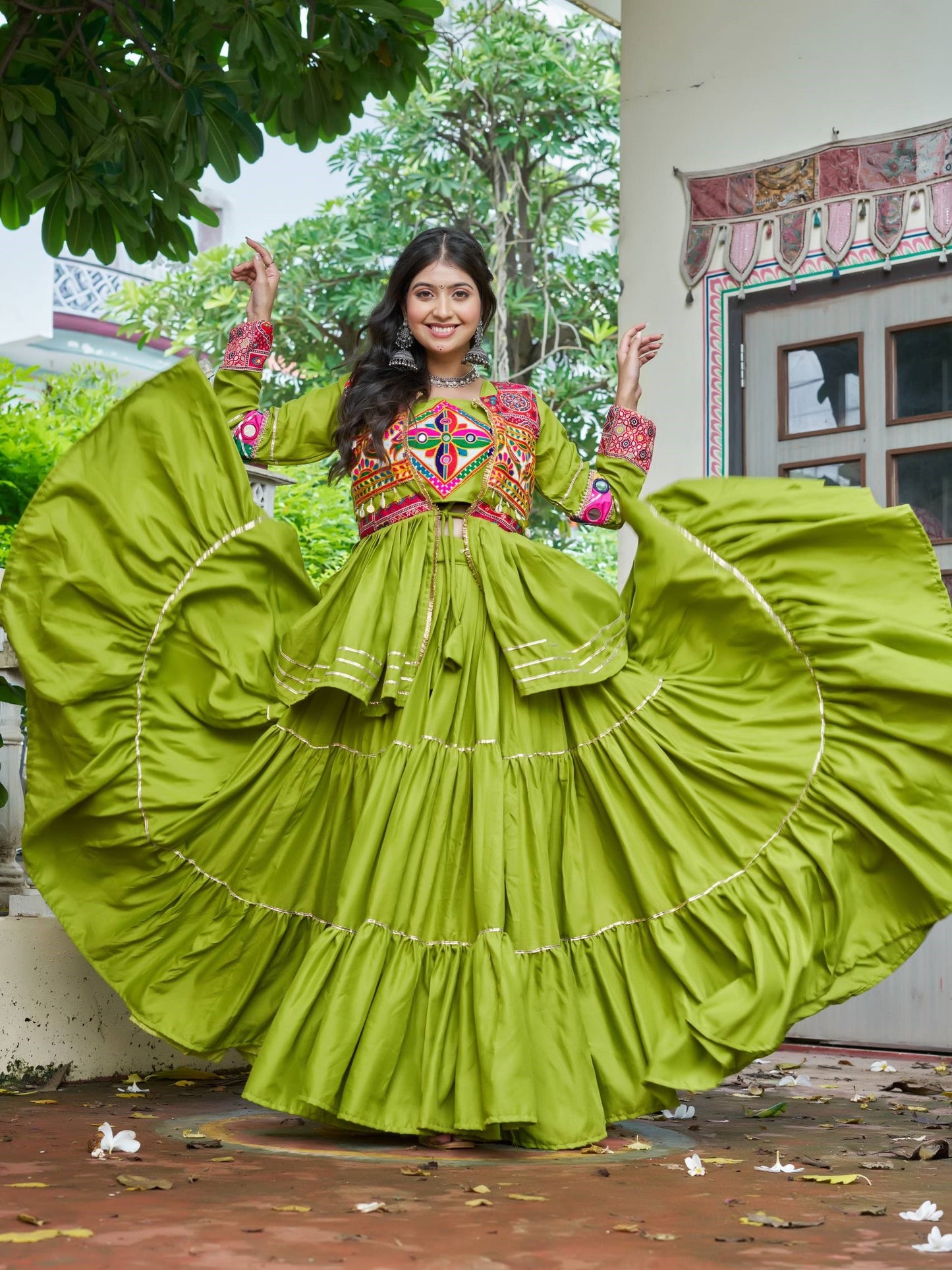 Awesome Green Cotton Festive Lehenga Choli With Jacket