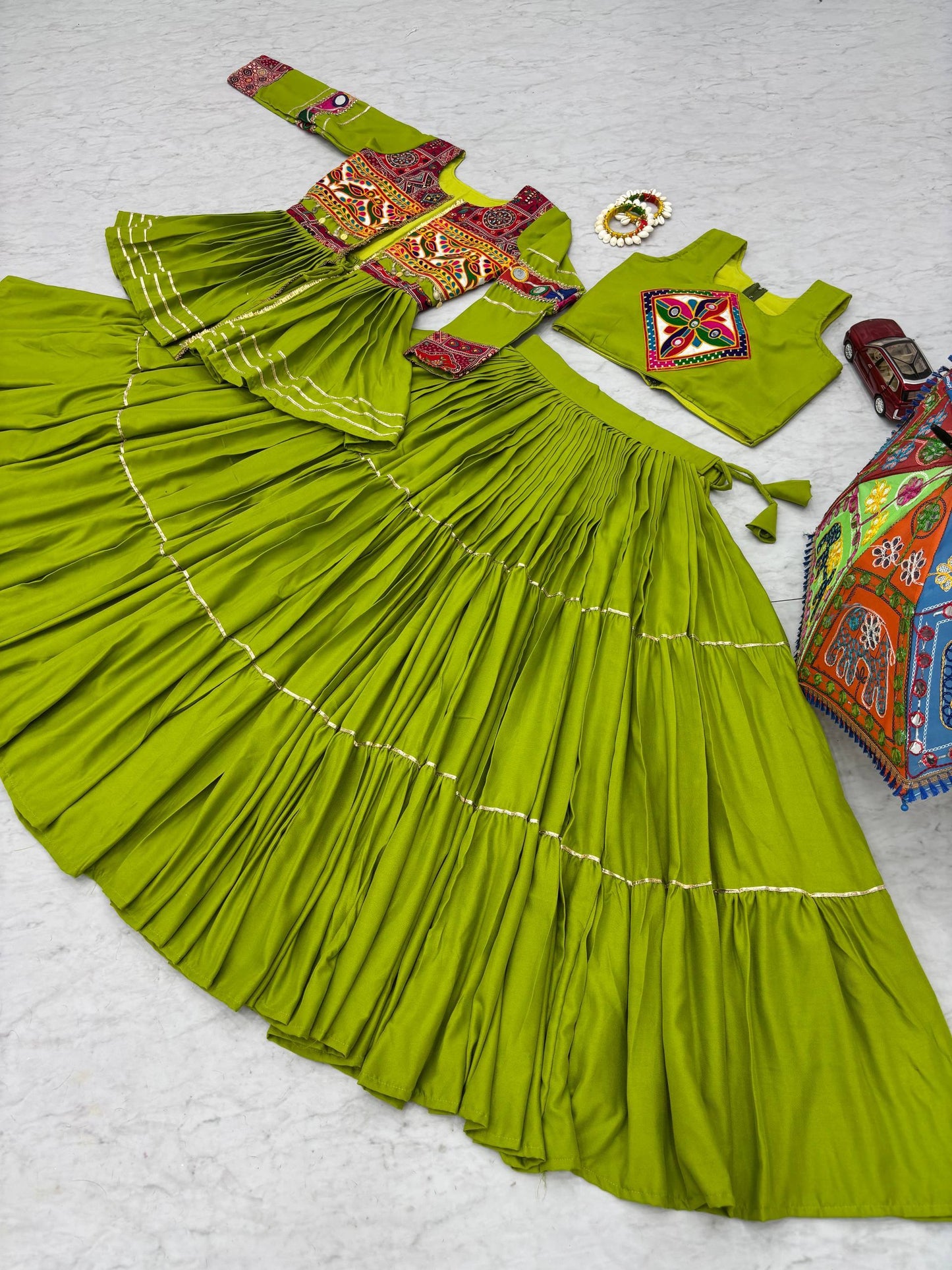 Awesome Green Cotton Festive Lehenga Choli With Jacket