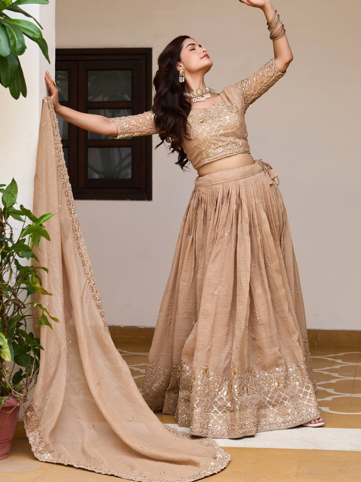 Fabulous Ivory Sequins Work Crunchy Bridesmaid Lehenga Choli