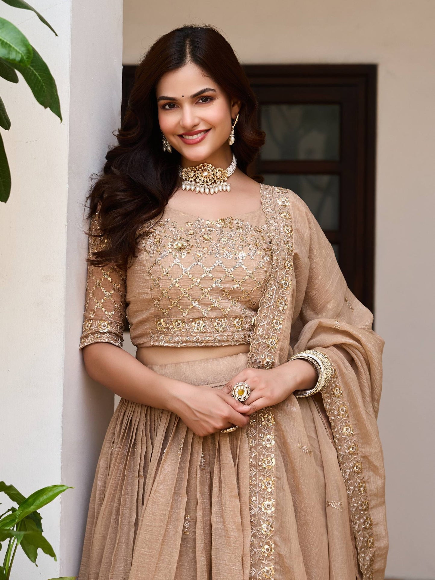 Fabulous Ivory Sequins Work Crunchy Bridesmaid Lehenga Choli
