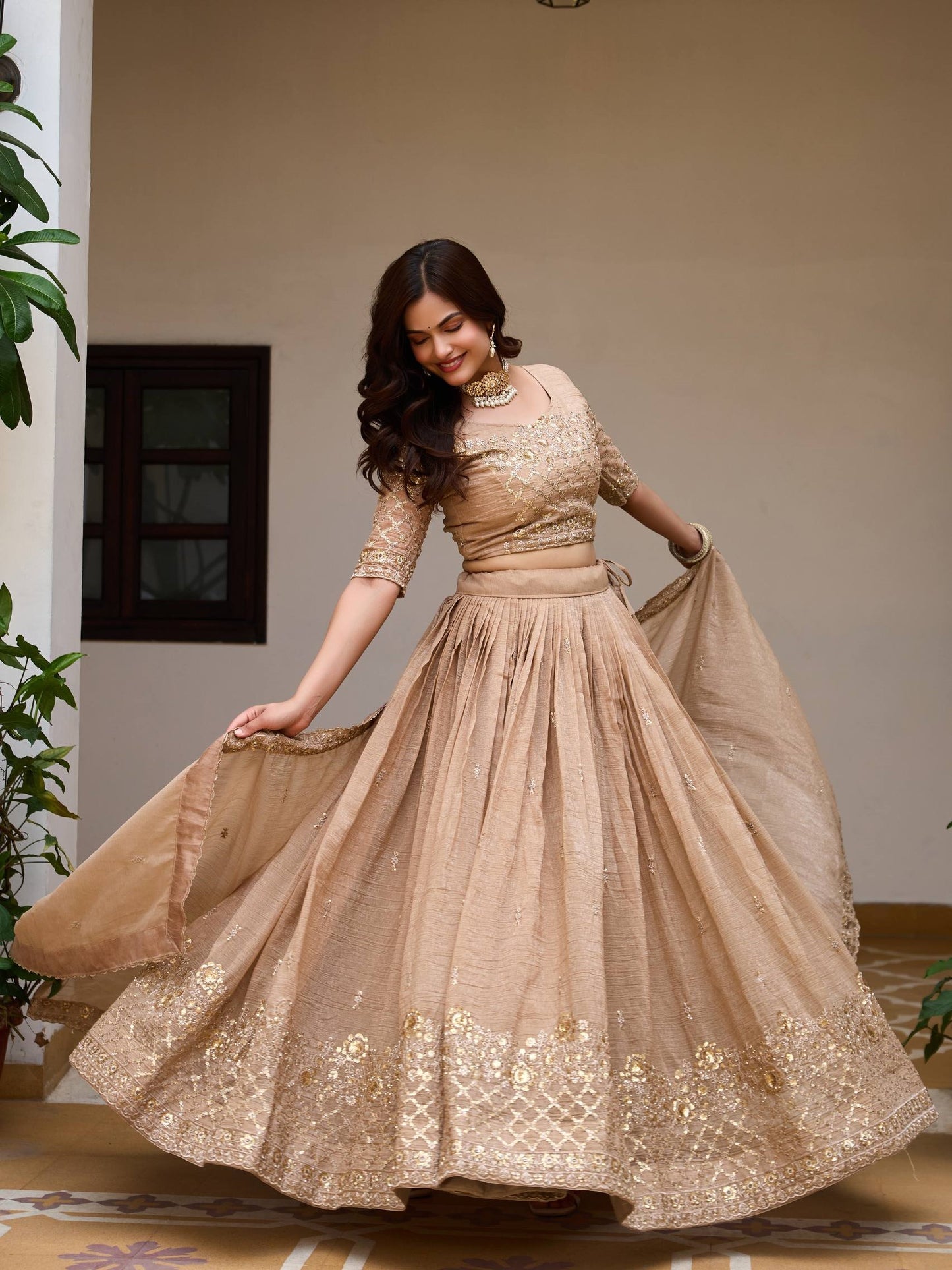 Fabulous Ivory Sequins Work Crunchy Bridesmaid Lehenga Choli