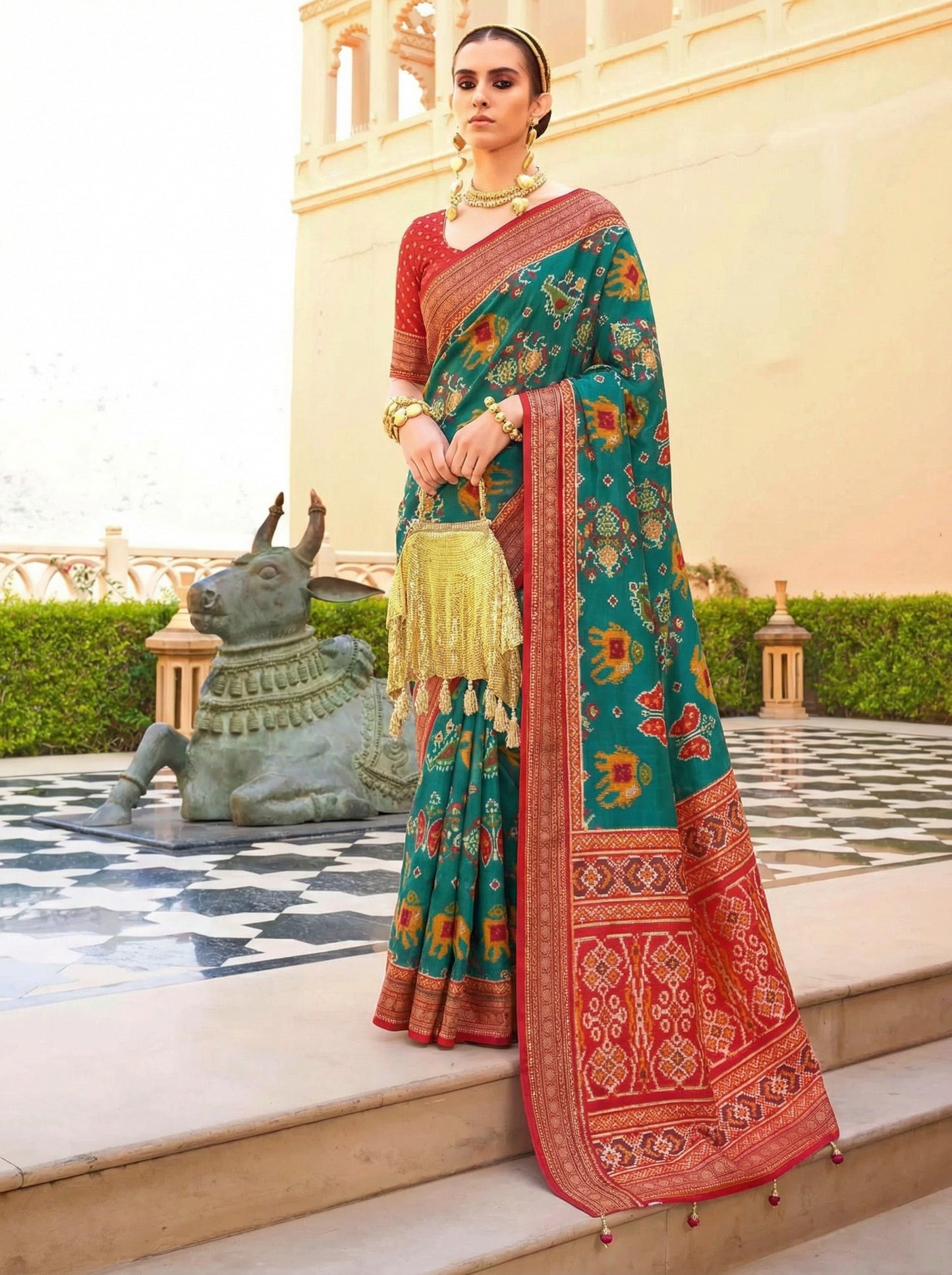 Glamorous Teal Blue Digital Printed Silk Traditional Saree